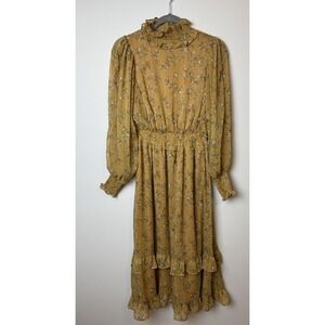 By the River Chiffon Smocked Yellow Floral Midi Dress‎ Large